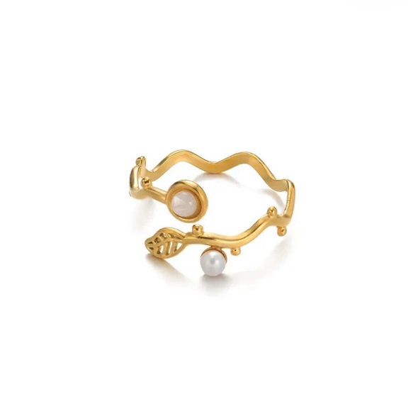 Gold PVD Stainless Steel Leaf & Pearl Open Ring – Green or Clear - Picture 2 of 3